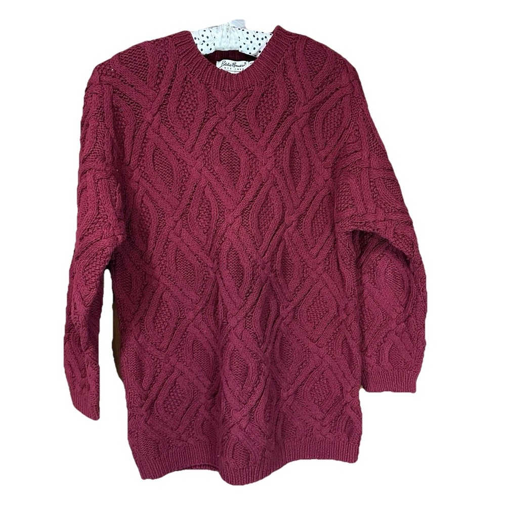 Vintage 90s Eddie Bauer Red 100% Cotton Crewneck Fisherman Knit Sweater Womens S